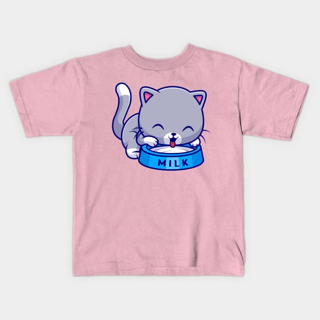 Cute Cat Drink Milk Cartoon Kids T-Shirt by Catalyst Labs